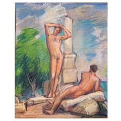 "Nudes Among the Ruins," Vivid Mural Study with Male Nudes by Allyn Cox