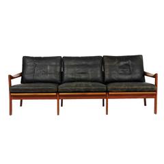 Mid-Century Modern Illum Wikkelso Teak and Leather Sofa, Danish Modern, 1960s