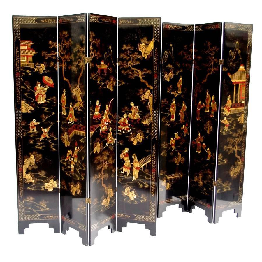 Pair of Chinese Black Lacquer Screens or Room Dividers, circa 1900 at