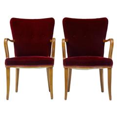 Pair of 1950s Birch and Red Velvet Armchairs 12