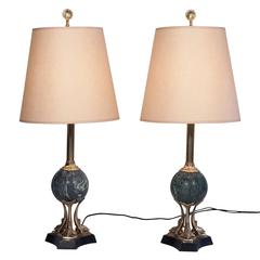 Green Marble Table Lamps, Pair, 1980s