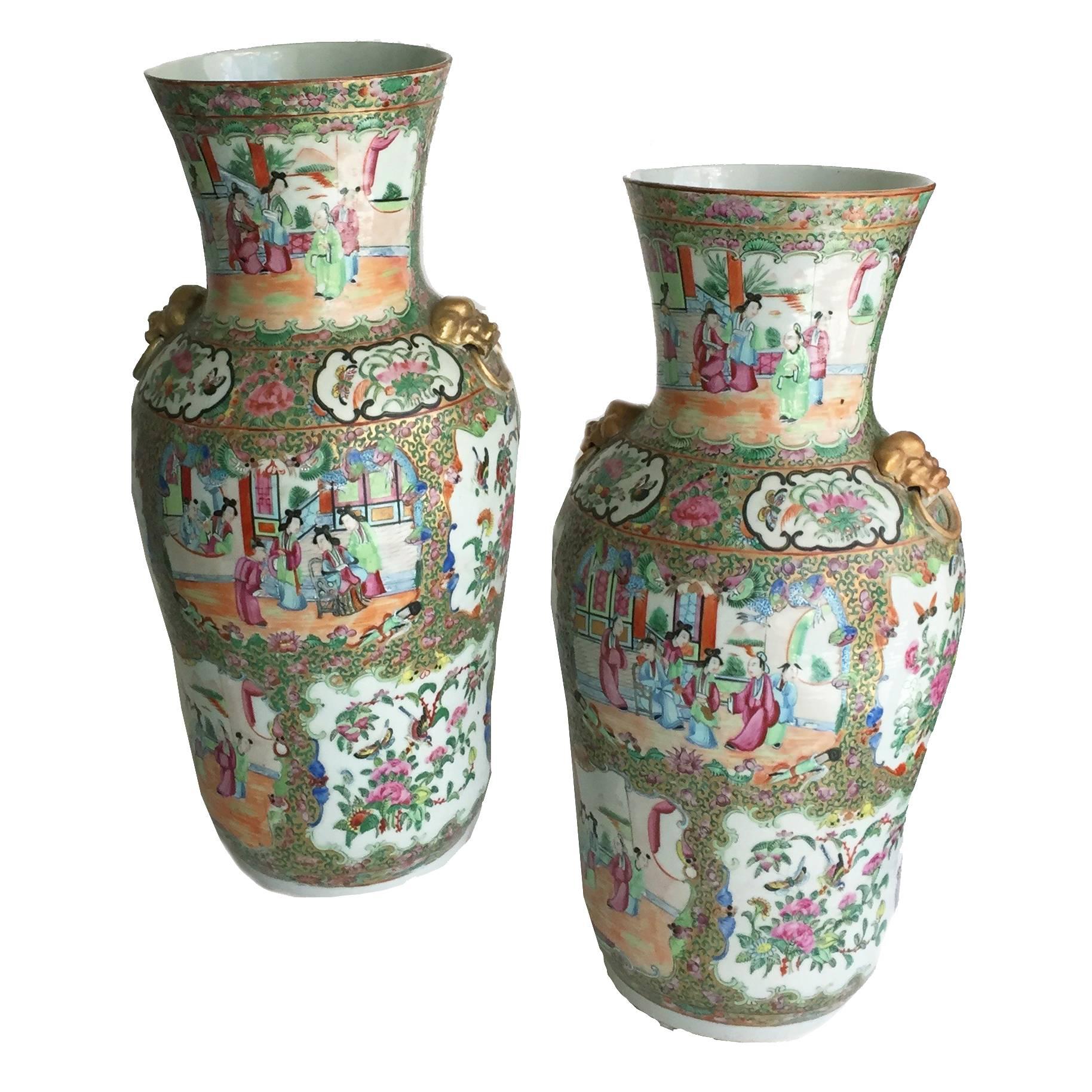 Chinese Export Porcelain Rose Mandarin Fine Pair of Large Vases For Sale