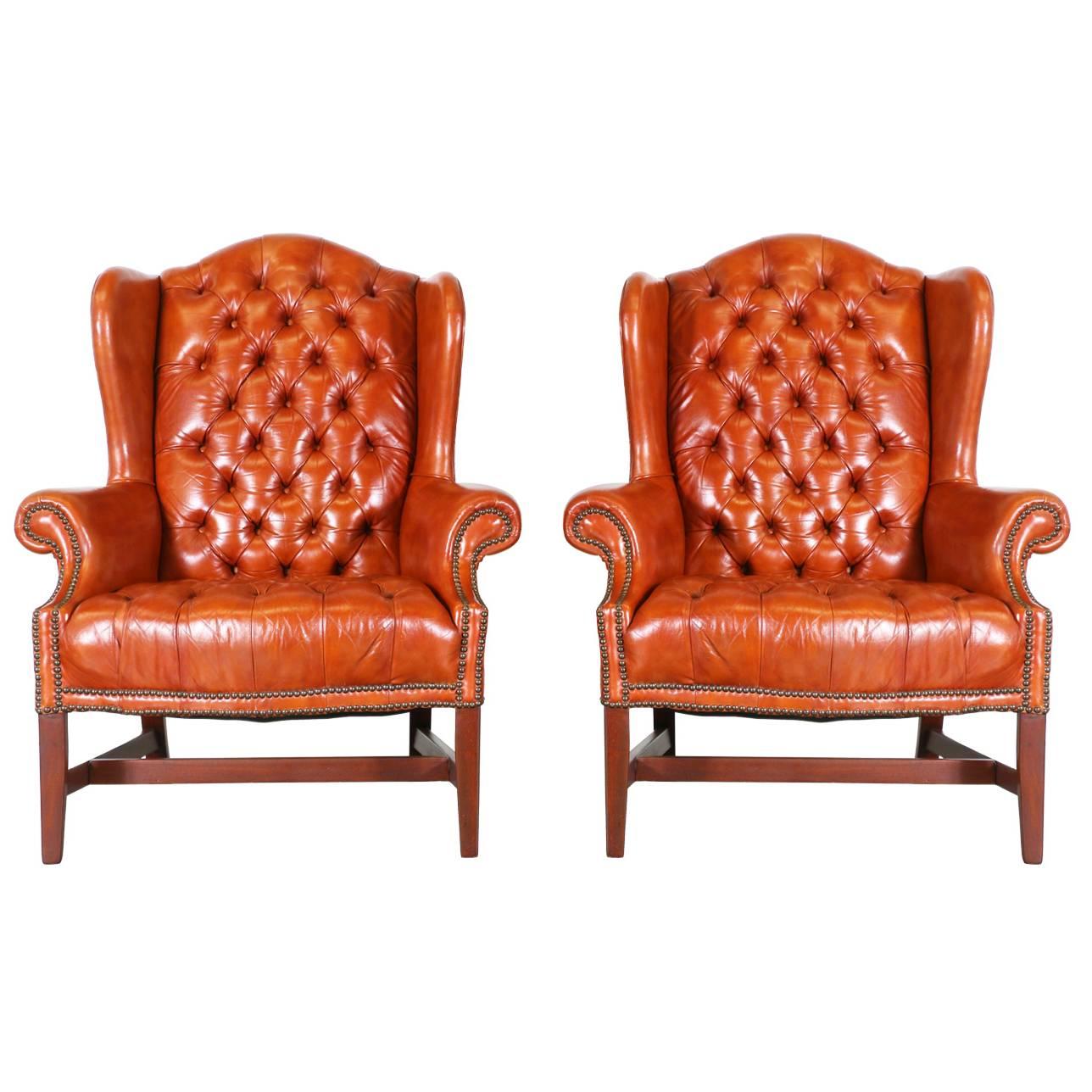 Pair of Chesterfield Leather High Back Chairs