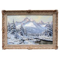 20th Century Oil Painting of Snowy Mountain Landscape by Laszlo Neogrady