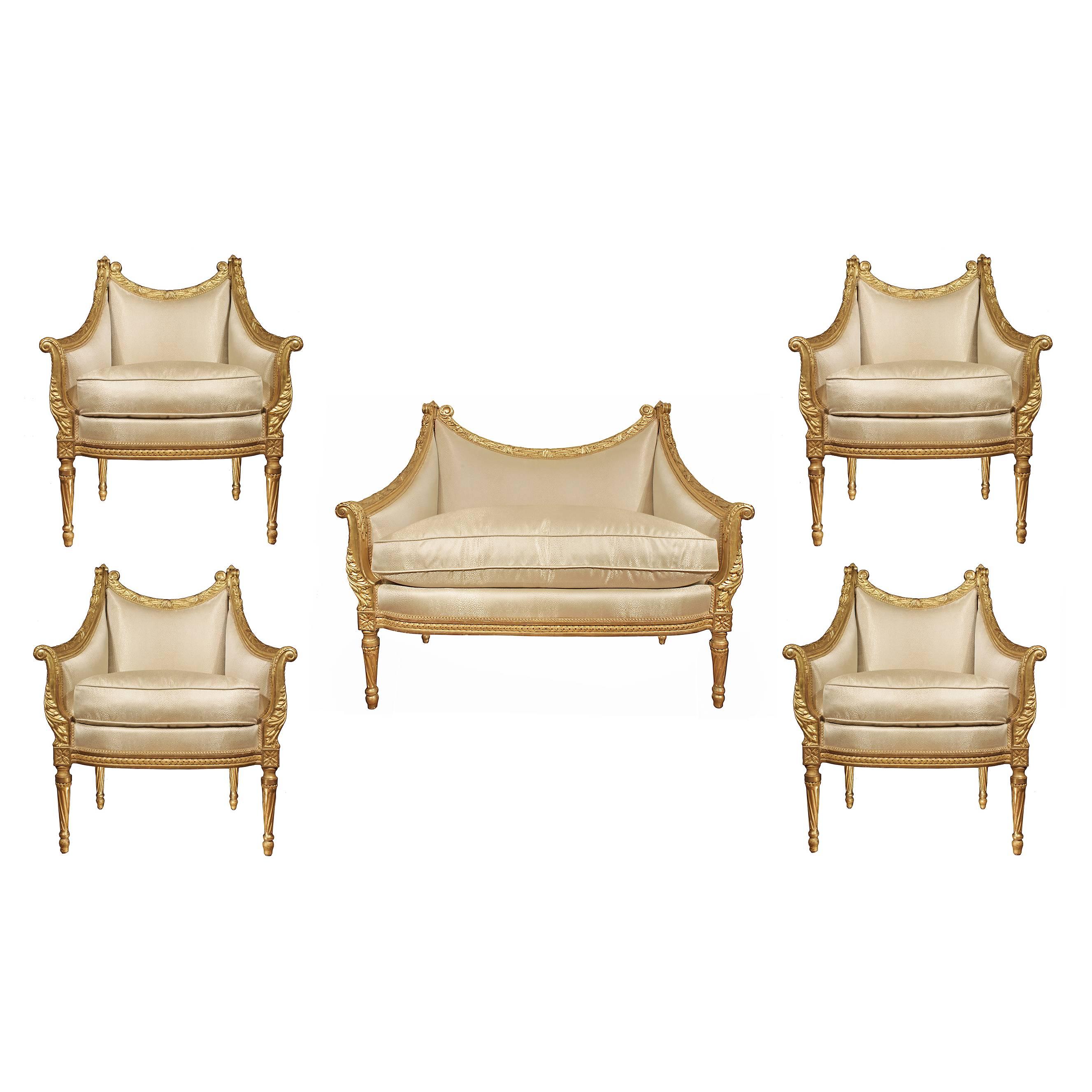 French 19th Century Louis XVI Style Marquise Giltwood Armchairs and Settee