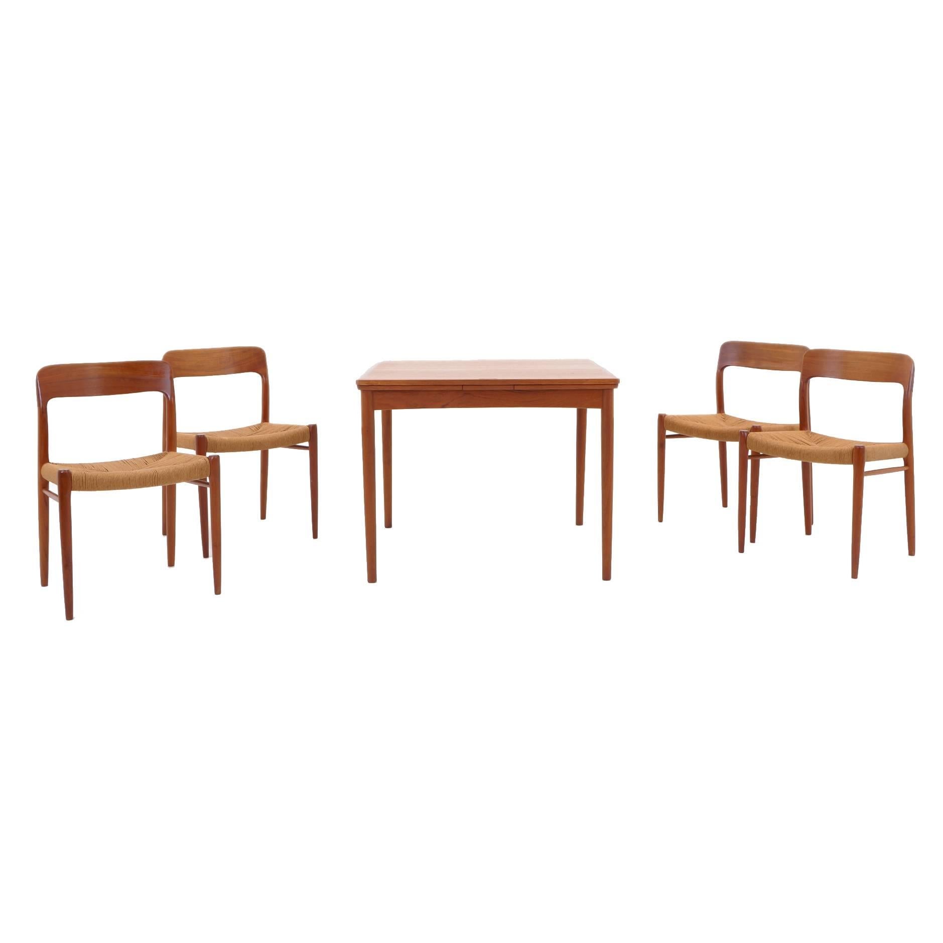 Danish Game/Dining Table with Four Chairs and Reversible Teak and Leather Top