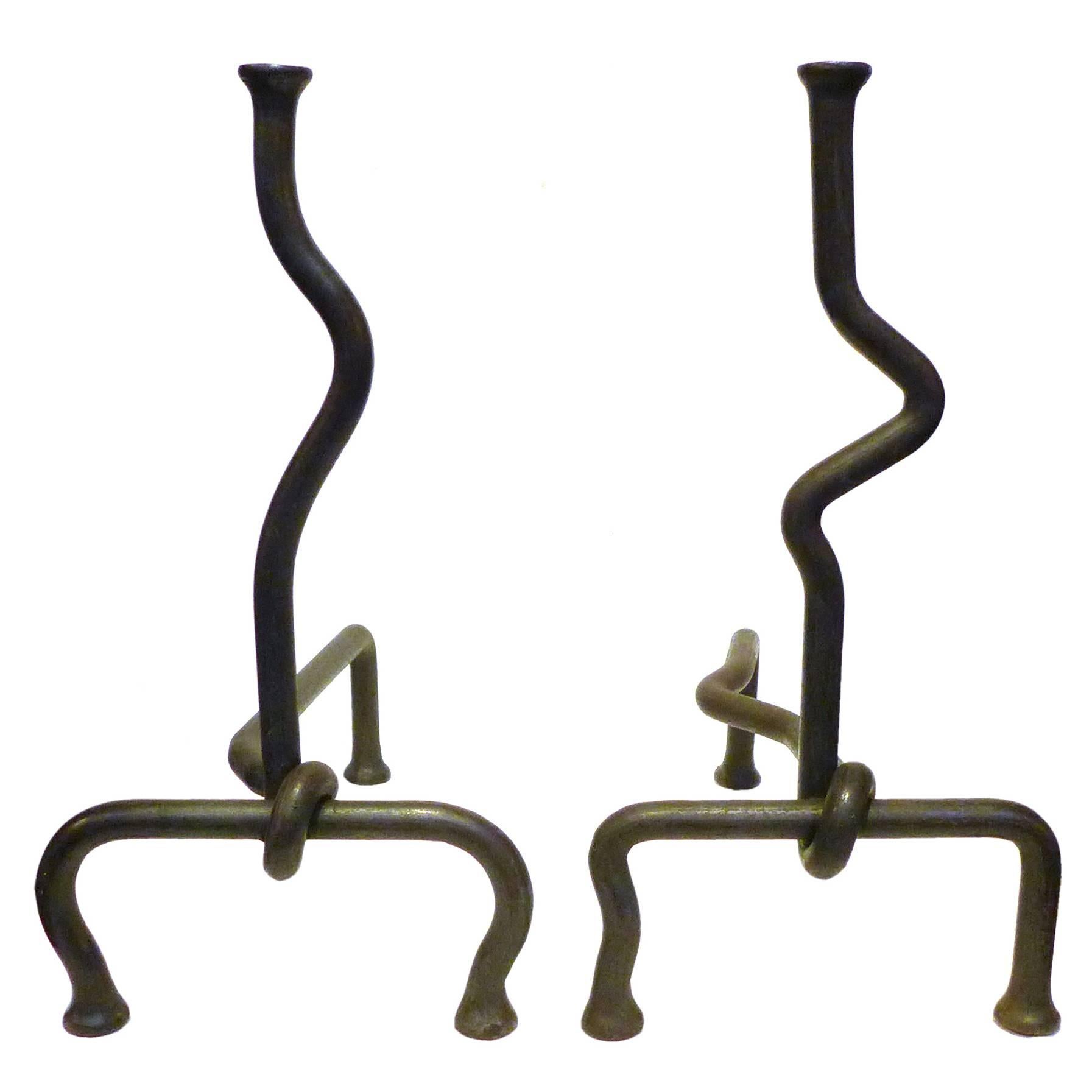 Pair of Contrasting Hand-Wrought Andirons