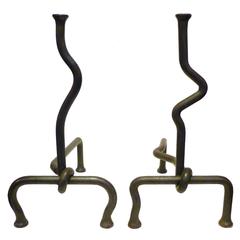 Vintage Pair of Contrasting Hand-Wrought Andirons