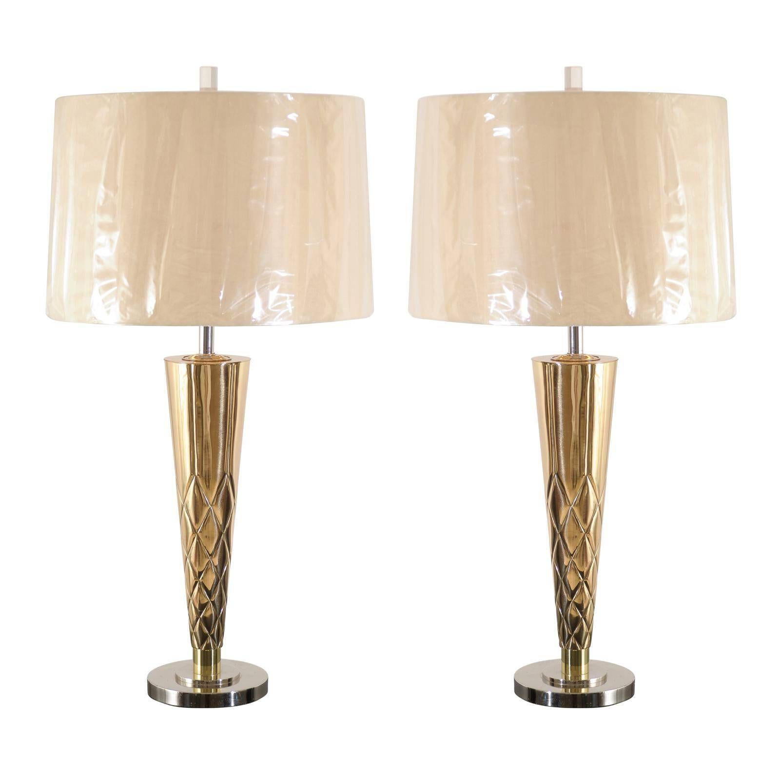 Exquisite Pair of Etched Tornado Lamps in Brass and Nickel