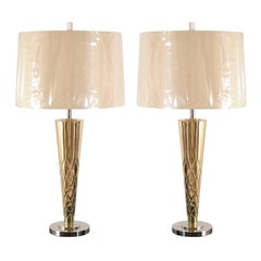 Exquisite Pair of Etched Tornado Lamps in Brass and Nickel