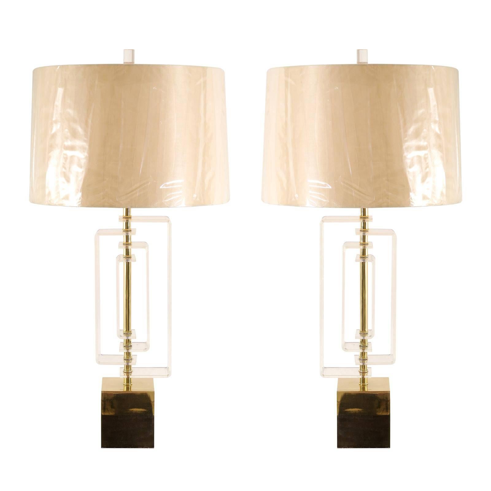 Restored Pair of Vintage Lucite and Brass Lamps by Laurel