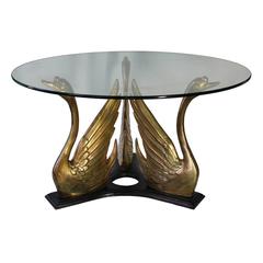 Hollywood Regency Style Glass Top Coffee Table with Brass Swan Trio Base