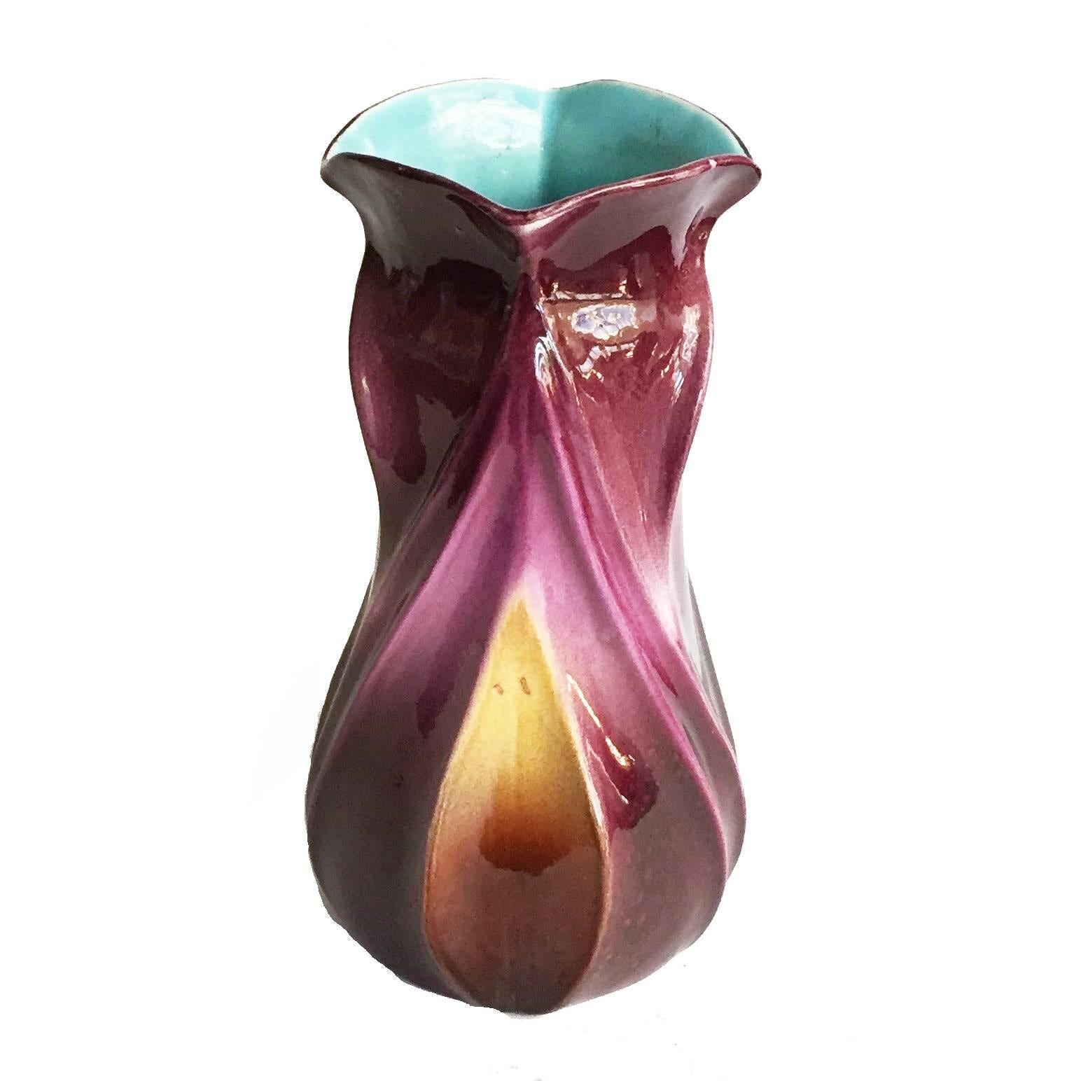 French Art Nouveau Sarreguemines Pottery Faience Floriform Vase For Sale