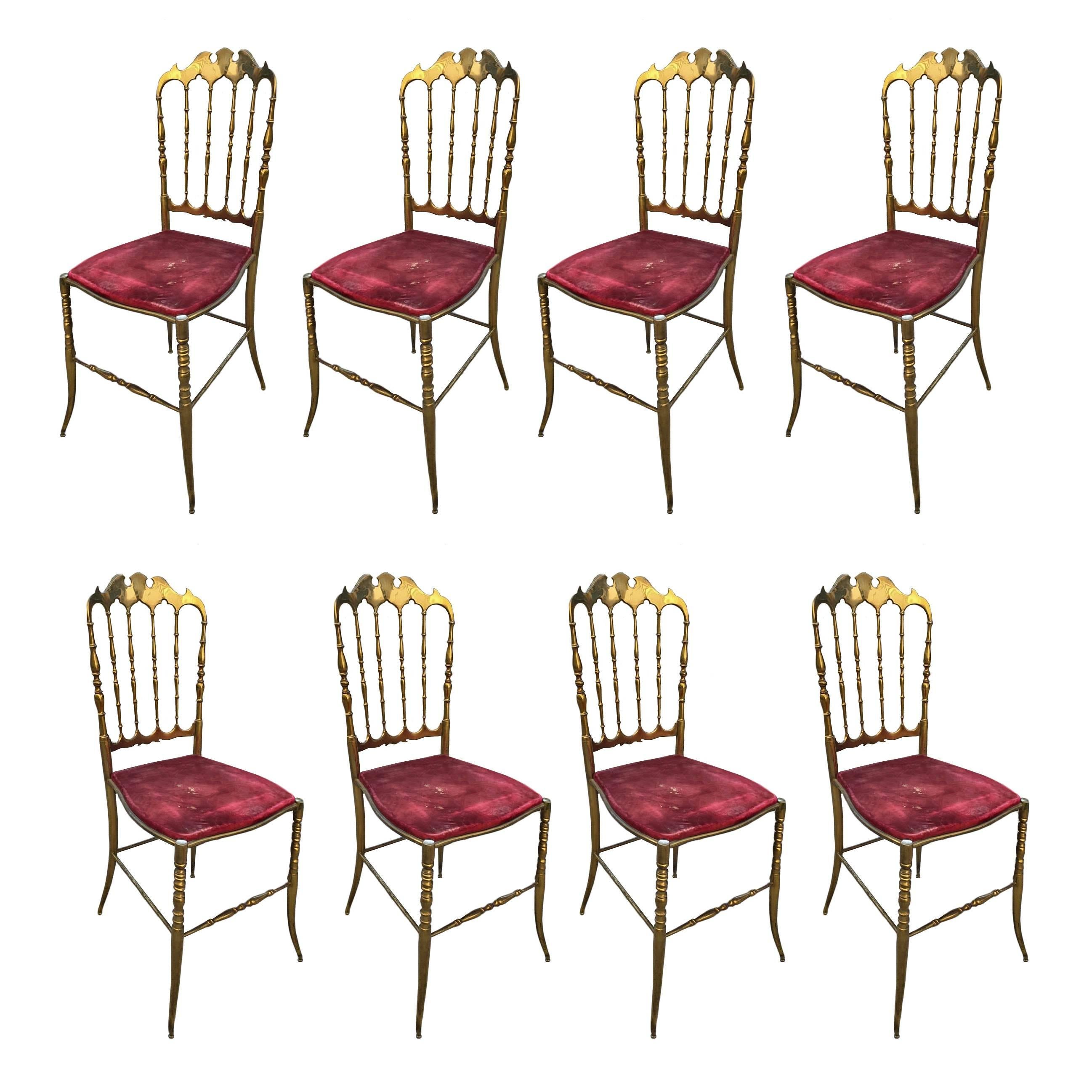 Eight Chairs Brass Decorative, Italian Style, 1950