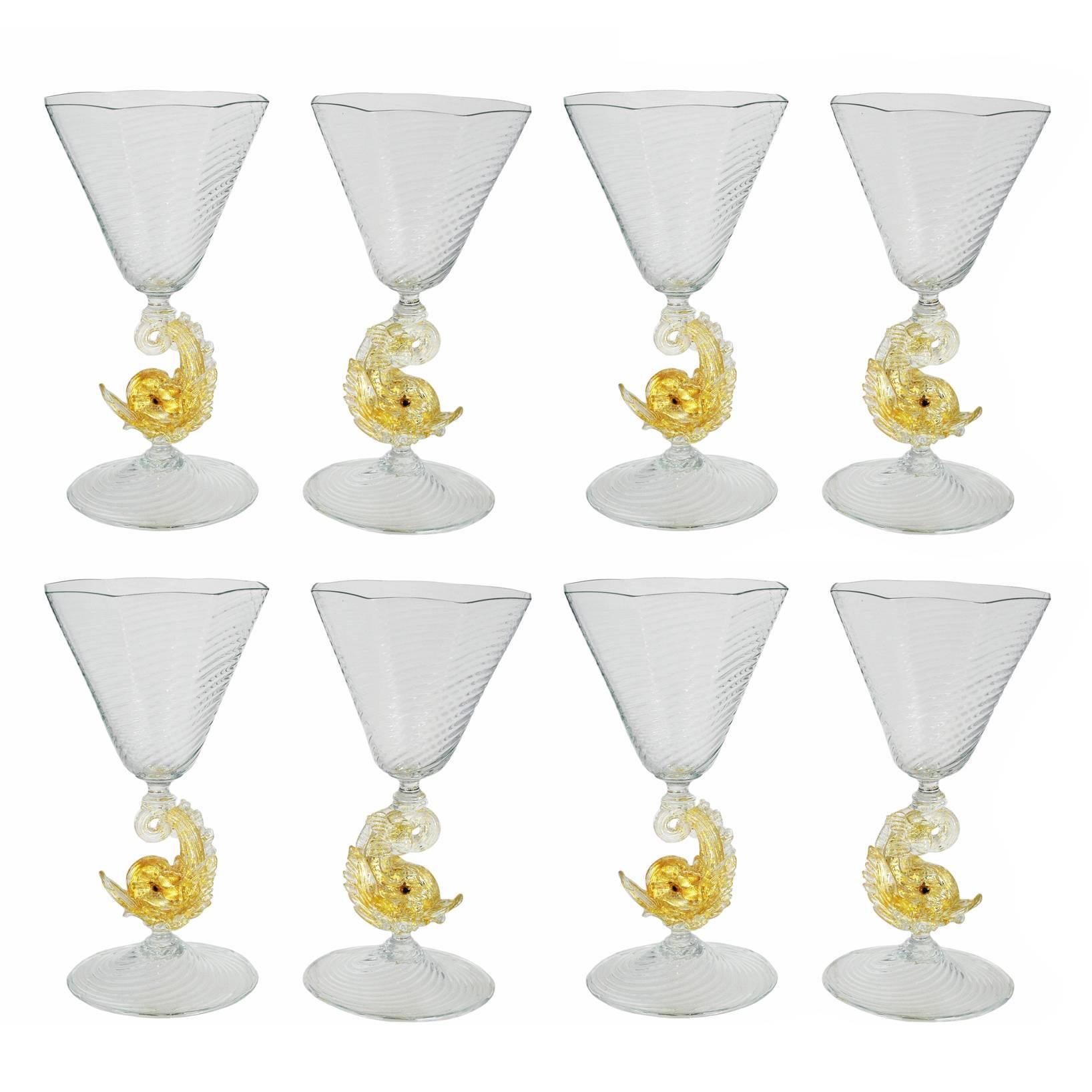 Set of Eight Venetian Dolphin Goblets Murano Glass Wine Water Stems