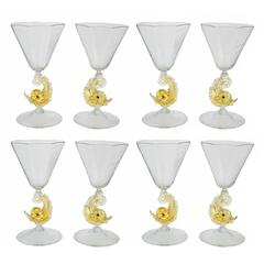 Retro Set of Eight Venetian Dolphin Goblets Murano Glass Wine Water Stems