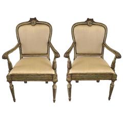 Pair of 18th Century Italian Green Painted Parcel-Gilt Fauteuils, circa 1780