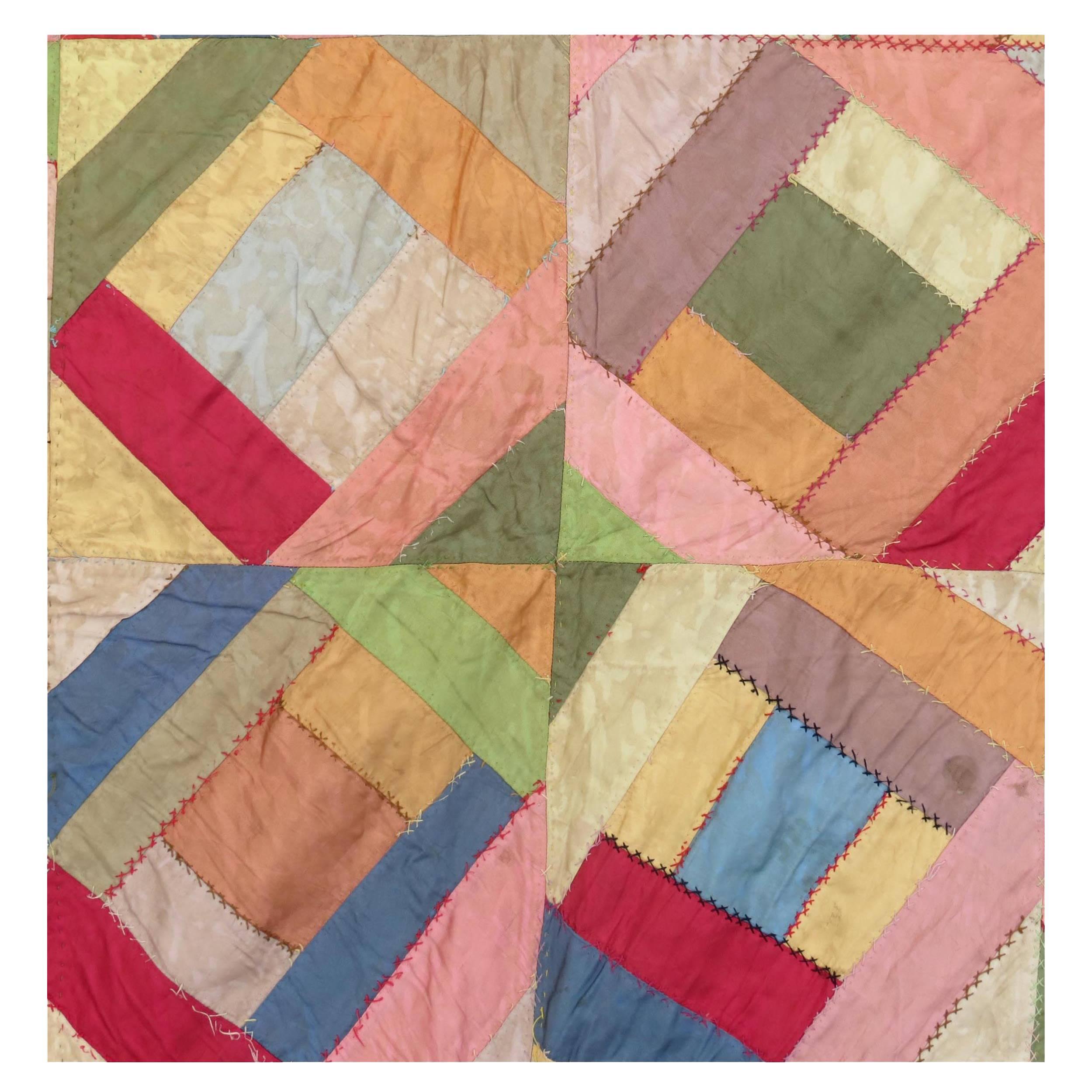 American Patchwork Quilted Silk Textile, Mid-20th Century For Sale