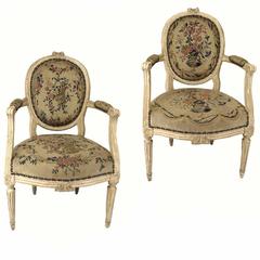 Fine Pair of Antique French Louis XVI Period Carved Fauteuil en Cabriolets