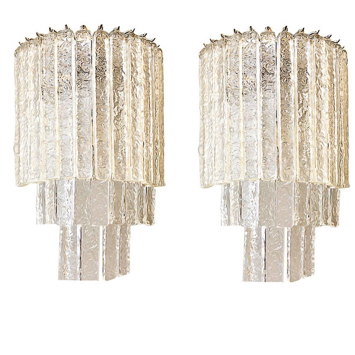 Monumental Pair of Murano Icy Glass Midcentury Sconces