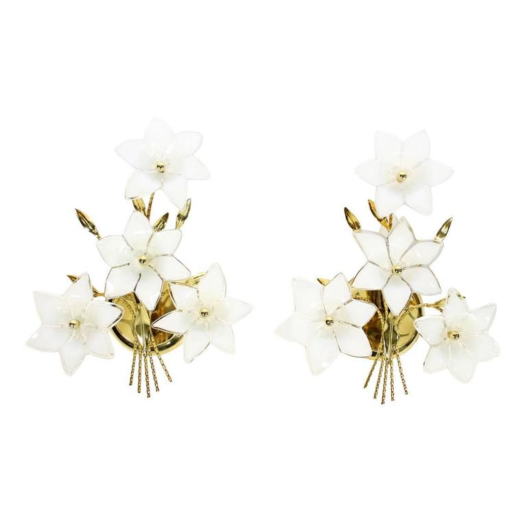 Floral Pair of Gold Plated Metal and Brass Glass Flower Buquet Sconces ...