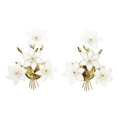 Floral Pair of Gold Plated Metal and Brass Glass Flower Buquet Sconces