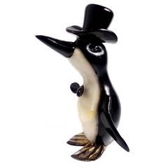 Murano White, Black and Gold Italian Art Glass Penguin Sculpture Figurine 1