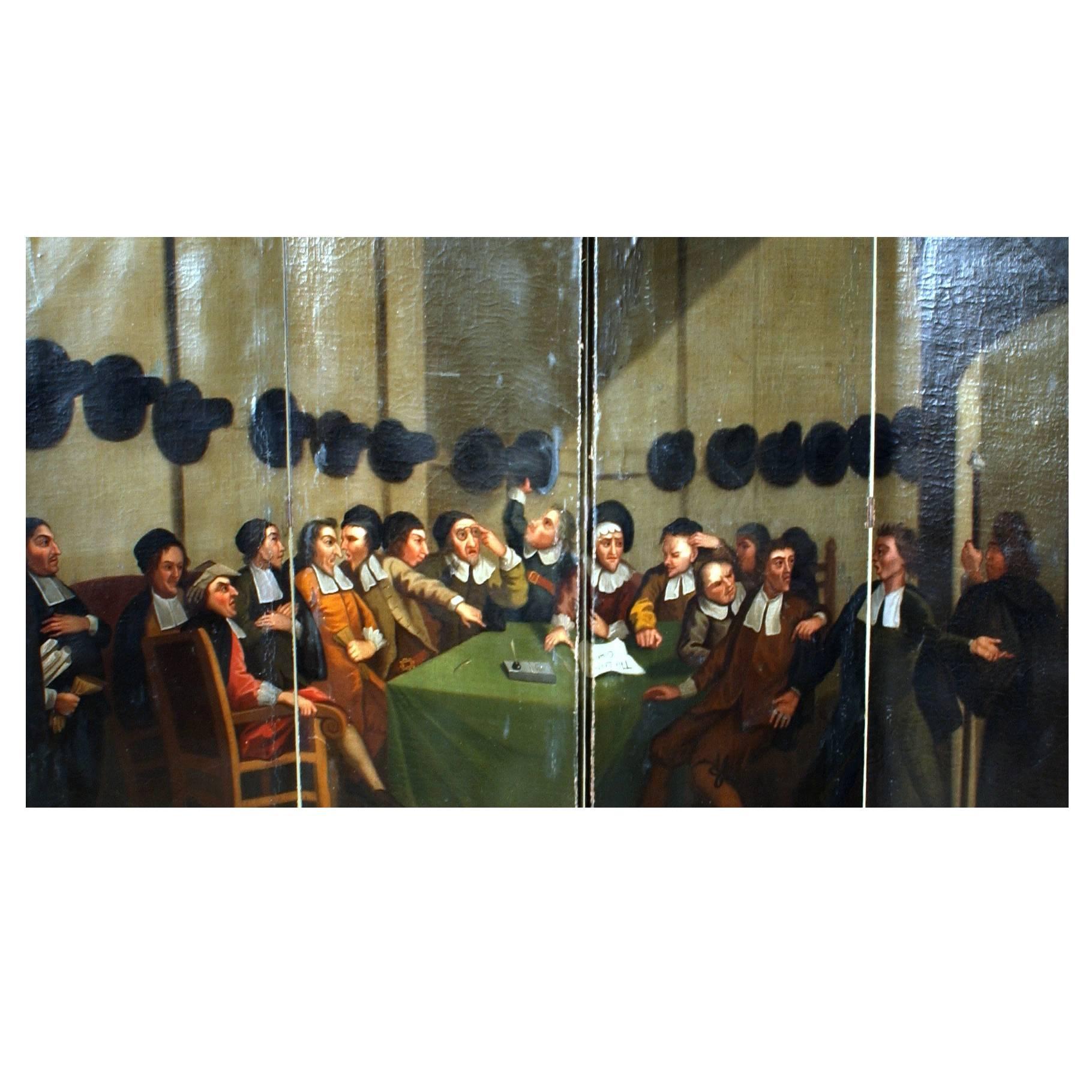18th century Four-Panel Oil Painting Screen ‘The Council' For Sale