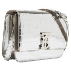 Burberry Silver Croc Embossed Leather Small TB Shoulder Bag