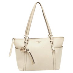 Michael Kors Light Beige Leather Medium Top Zip Jet Set Tote
