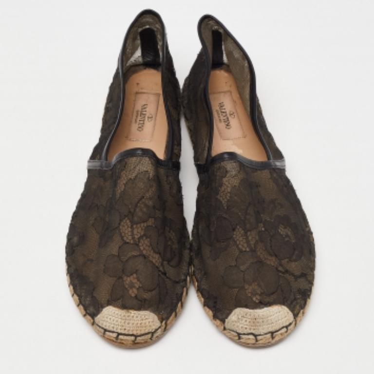 Valentino - Chaussures espadrilles en dentelle à fleurs noires, taille 40 en vente 3