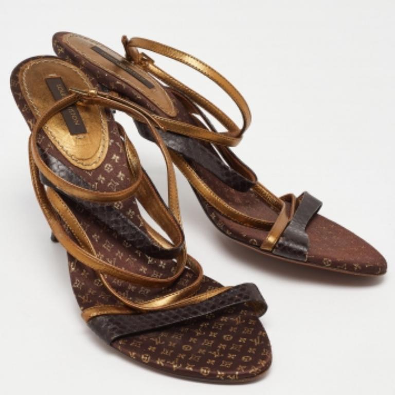 Louis Vuitton Braun/Gold Python Leder Riemchensandalen Größe 39 Damen im Angebot