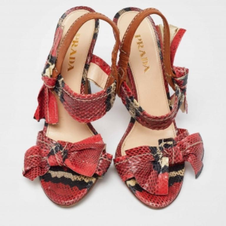 Women's Prada Pink Python Leather Bow Ankle Strap Sandals Size 36.5 For Sale