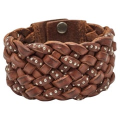 Saint Laurent Paris Brown Studded & Braided Leather Wide Bracelet