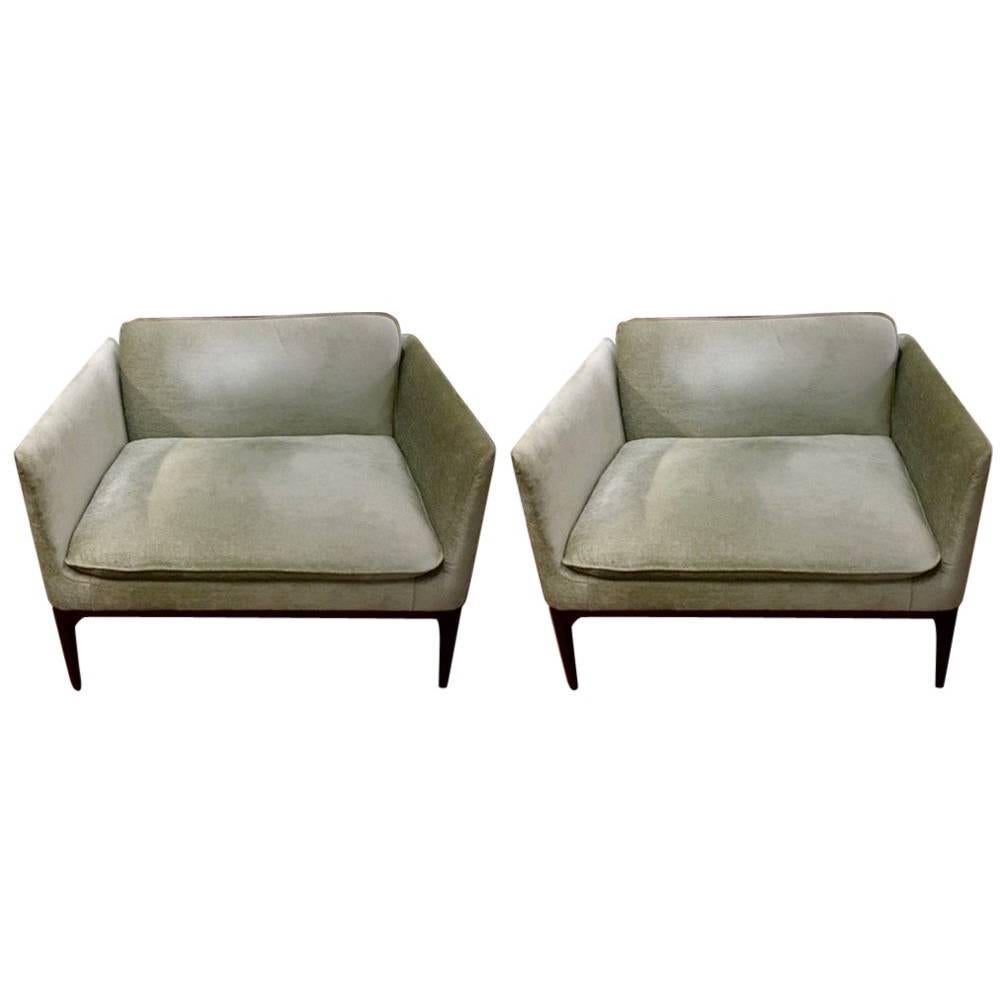 Pair of Wide and Deep Upholstered Modern Chairs with Wooden Frame