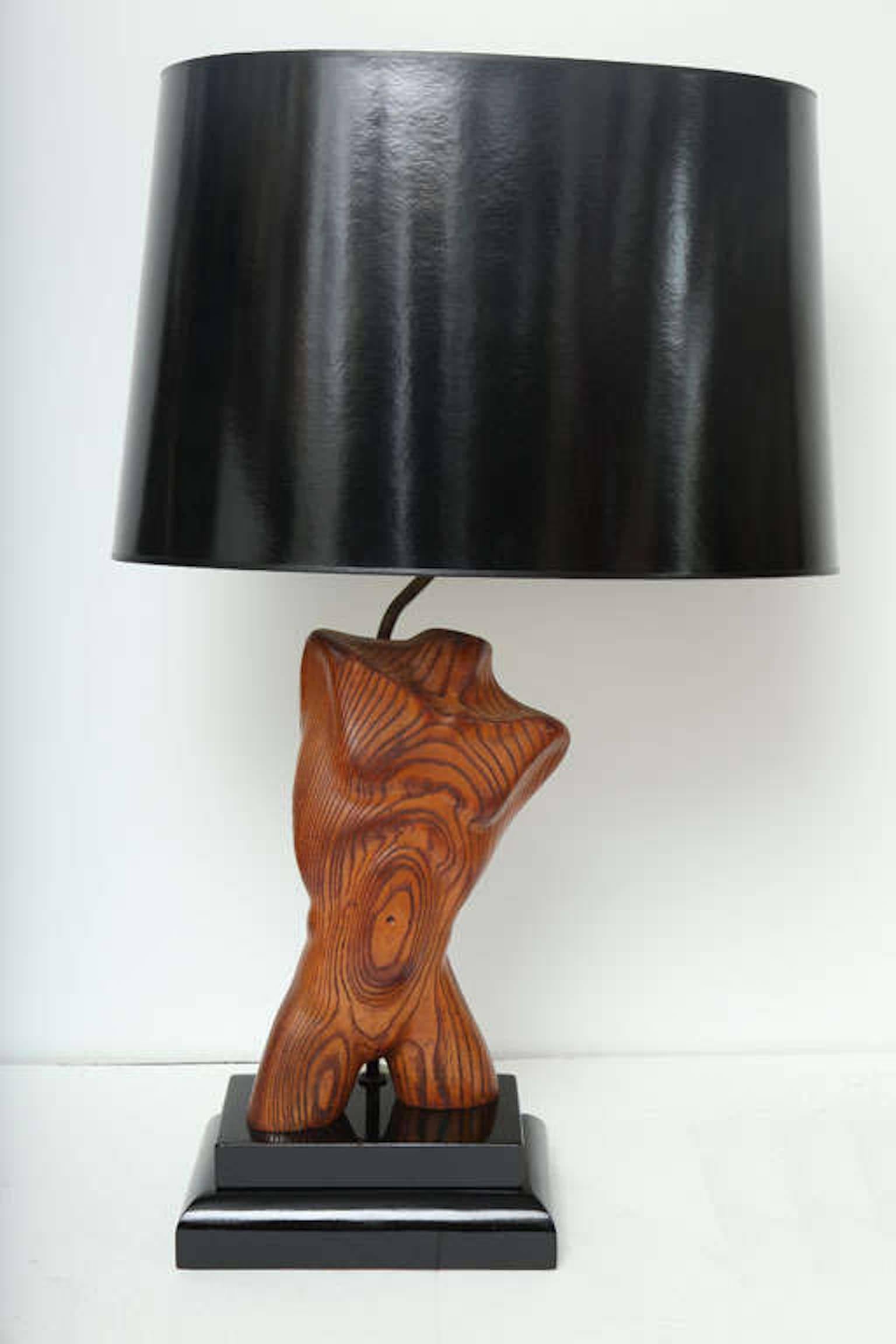 Decorative wood carved male nude table lamp by Keifetz. Signed, C 1950.