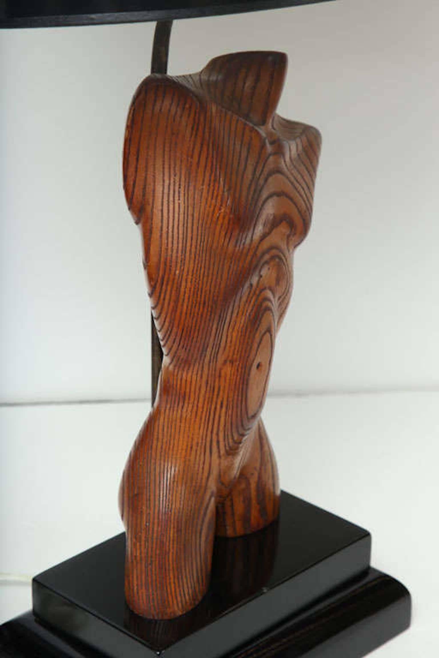 Hand-Carved Table Lamp, Wood, Male Nude, by Keifetz, C 1950