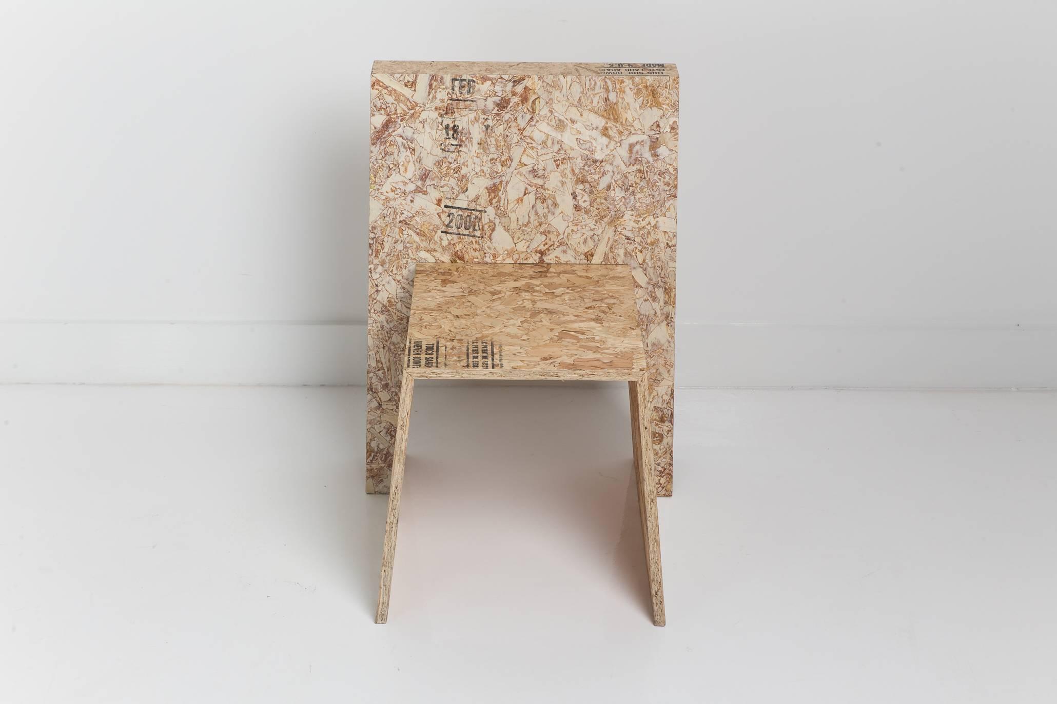 Todd Merrill Studio represents the unique seating by Chris Rucker, innovatively made from recycled construction materials. Challenging an everyday transient object , the Saw Horse Chair is made of OSB plywood. This unique piece is the first