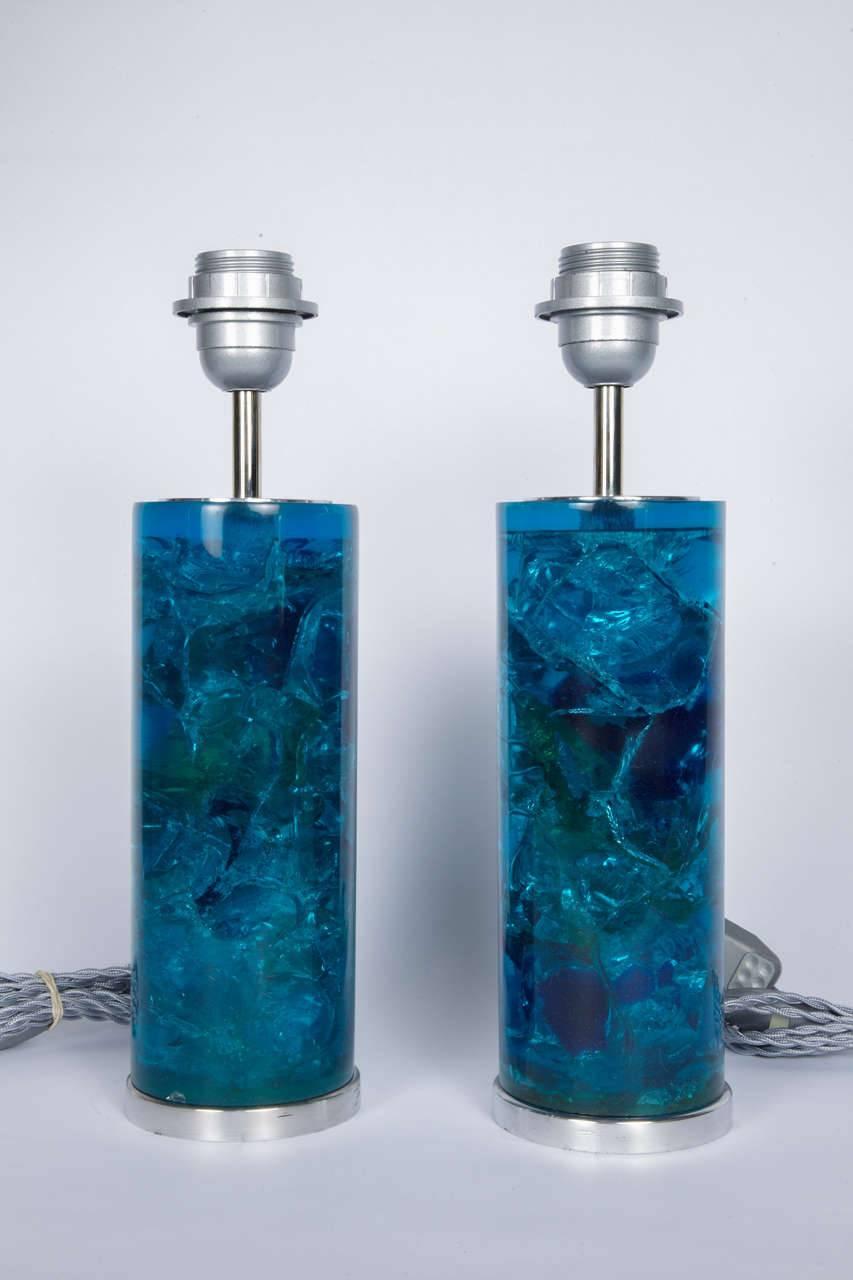 Great pair of blue resin table lamps by Marie-Claude De Fouquières.