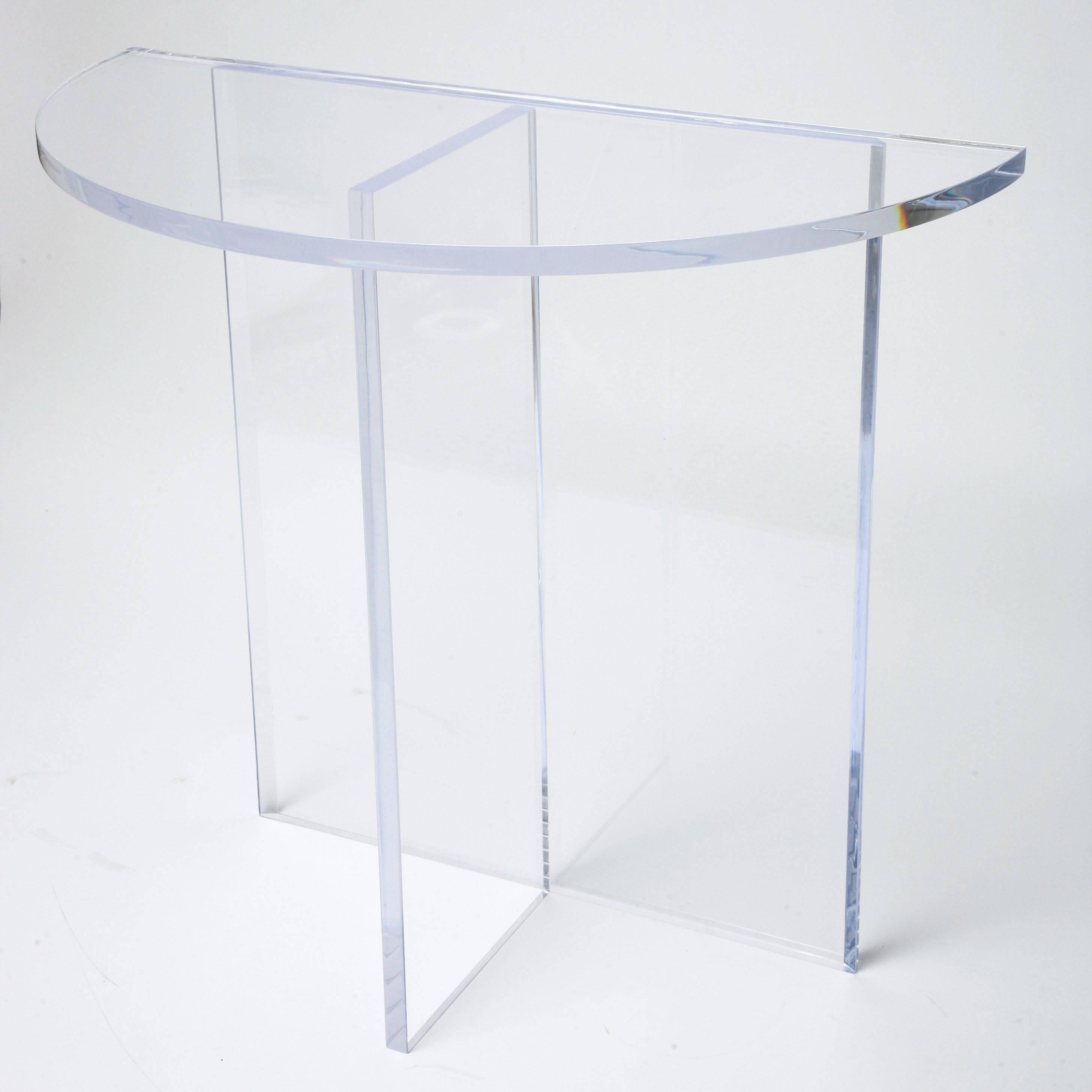 Modern Bespoke Demilune Console Table in Clear Lucite, Style of Charles Hollis Jones