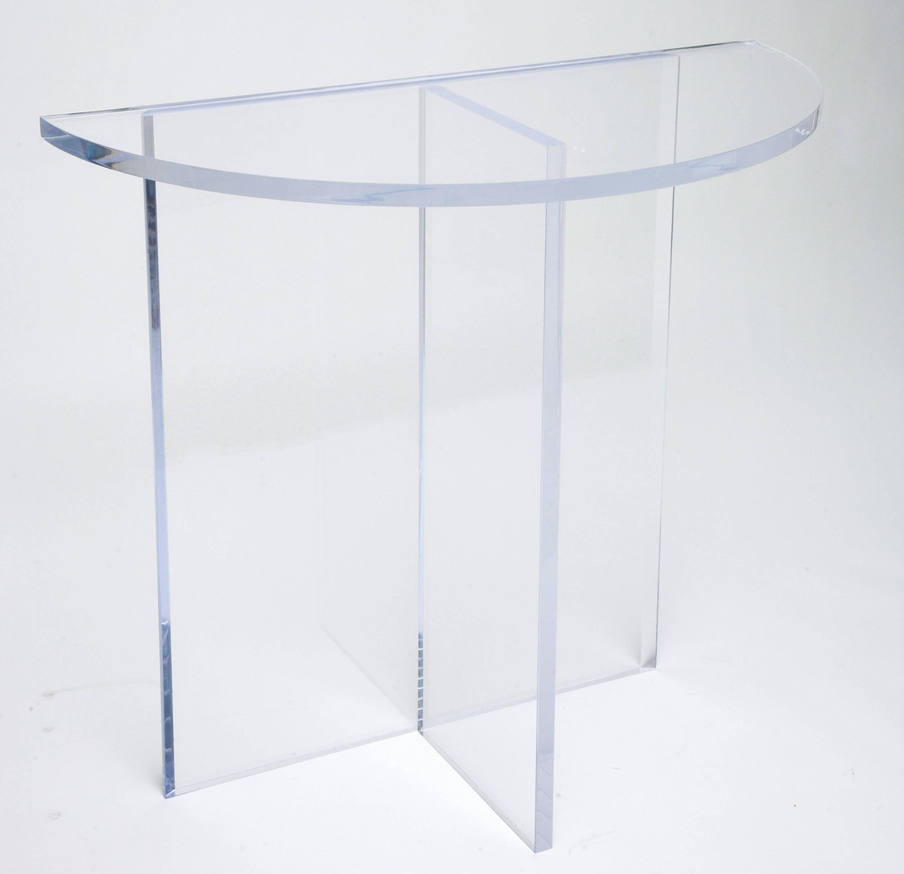 Bespoke Demilune Console Table in Clear Lucite, Style of Charles Hollis Jones 1