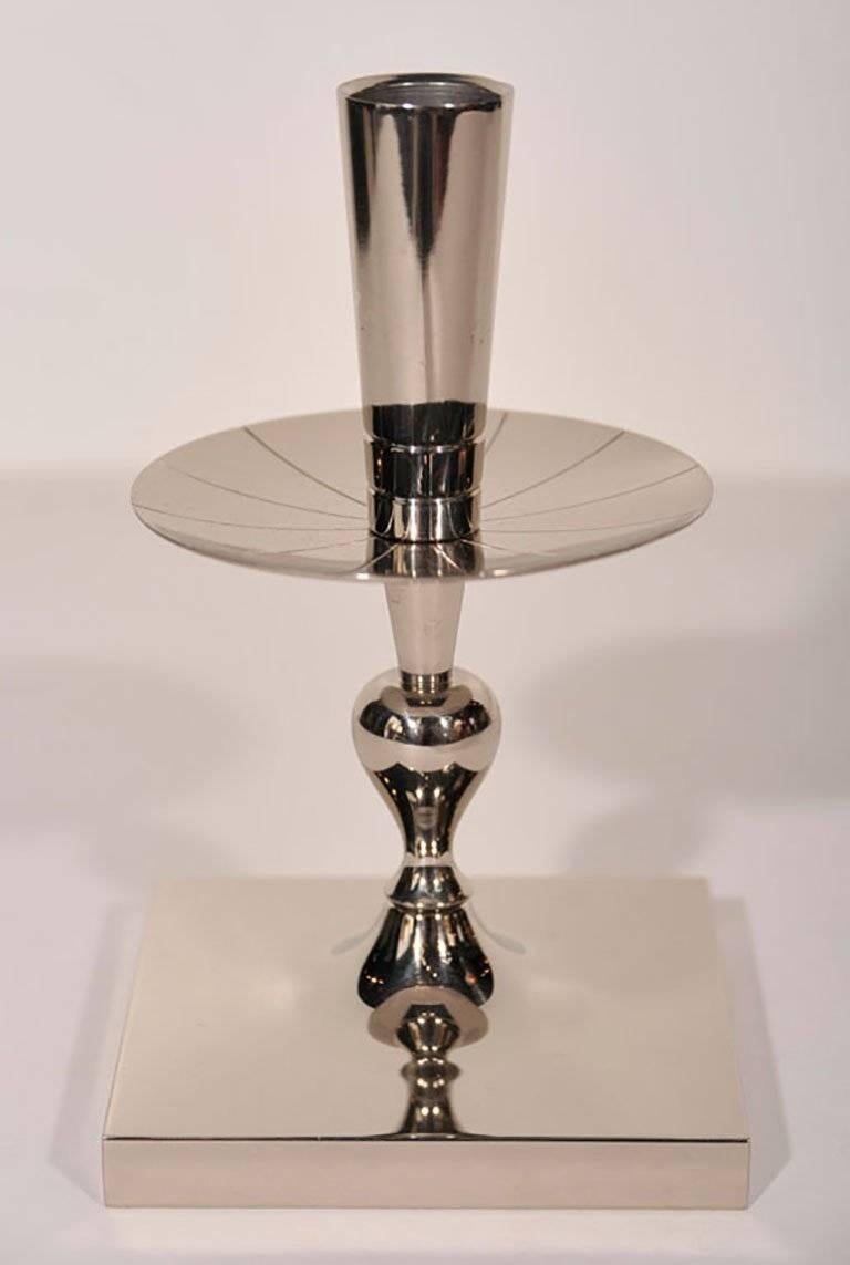 American Pair of Tommi Parzinger Polished Nickel Candlesticks For Sale