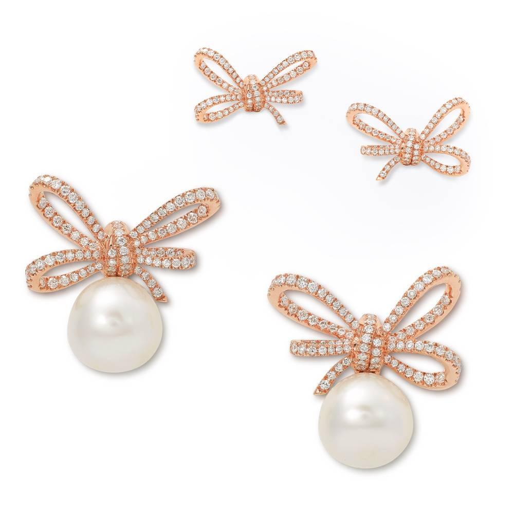 Lyla's Bow earrings studs crafted in 18K rose gold
Diamonds G/VS        
Total carat weight 1.20 carats
Detachable 13mm round light pink South Sea pearls                                                                