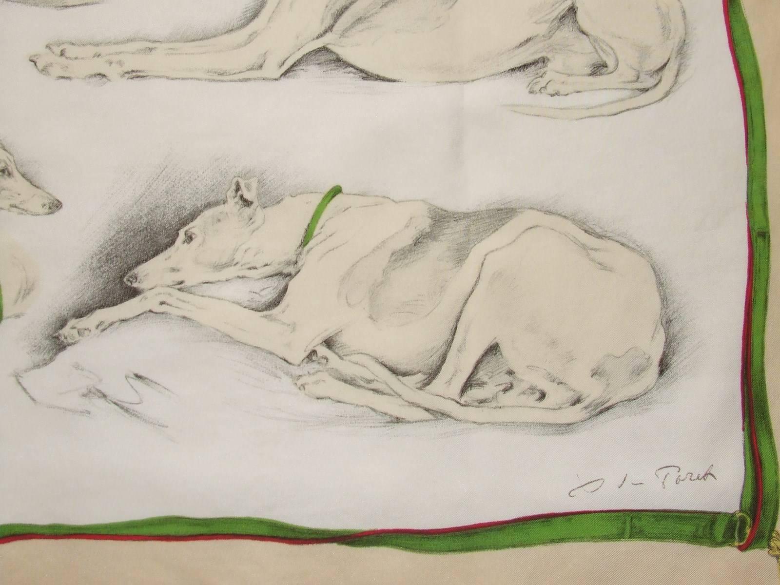 Women's Hermes Silk Scarf Les Levriers Greyhounds De Poret 90 cm Collectible