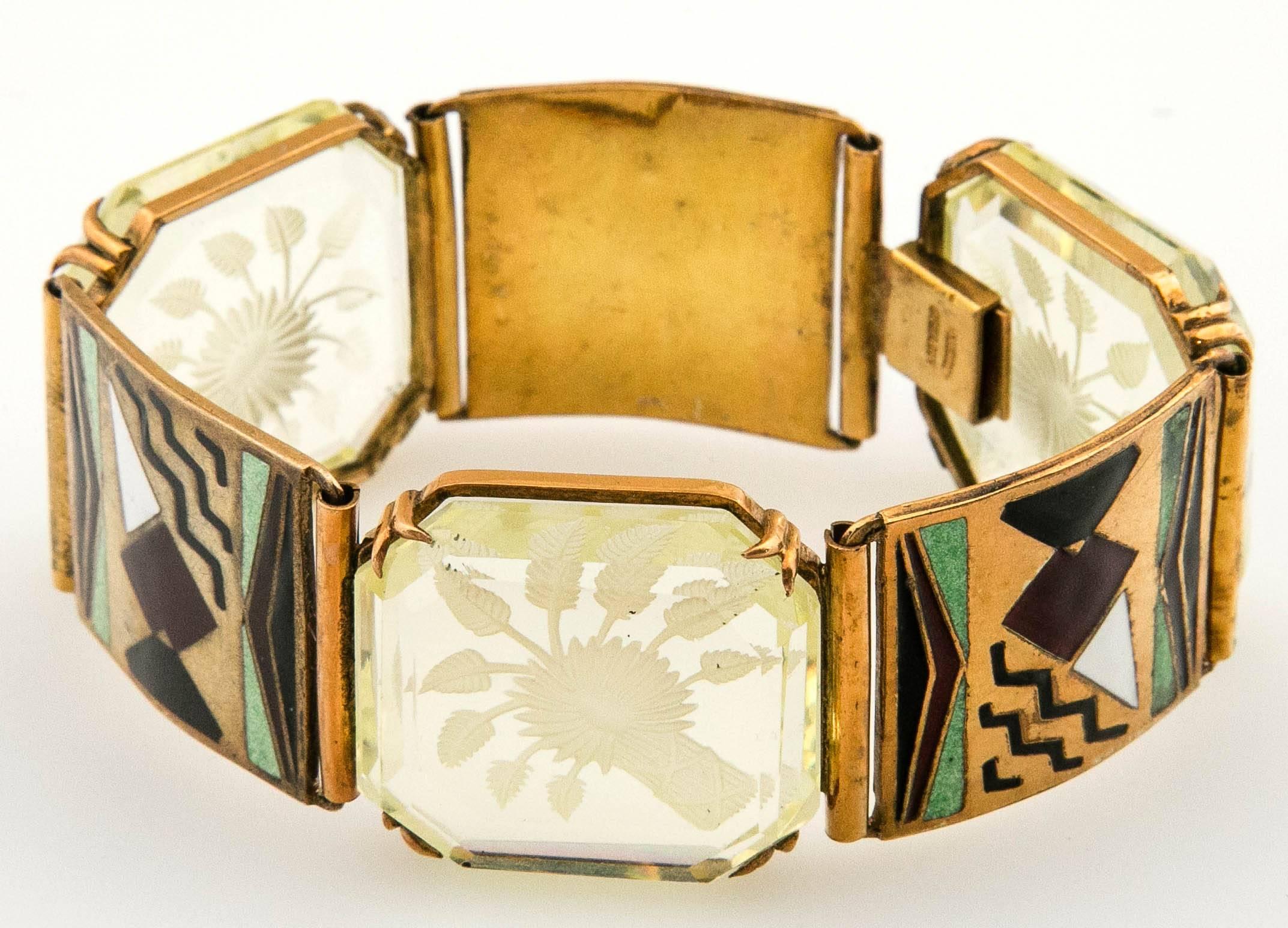 Art Deco Enamel and Rock Crystal Bracelet  In Good Condition For Sale In Stamford, CT