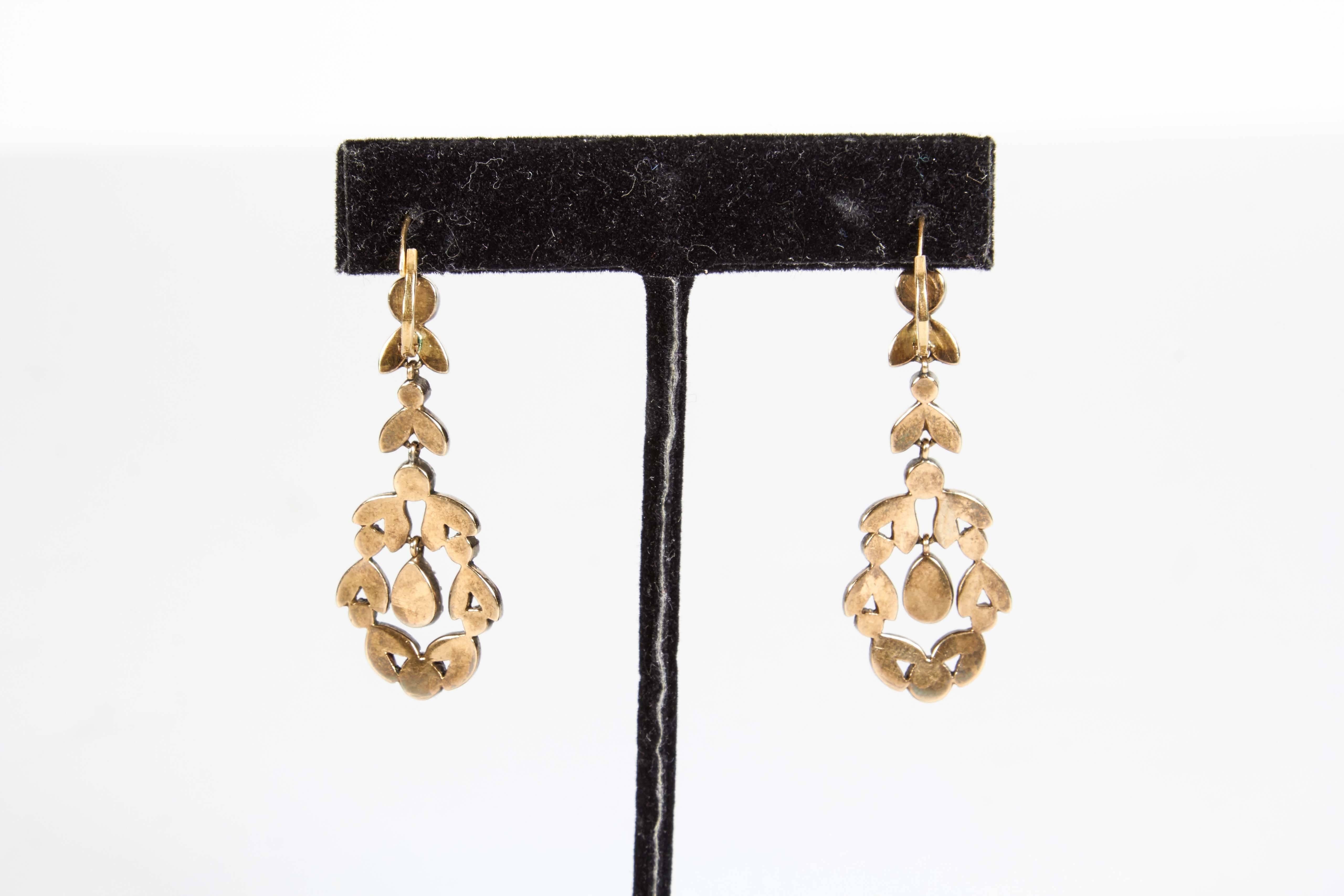 Antique Georgian Rose Cut Diamond Gold and Silver Pendant Earrings 1