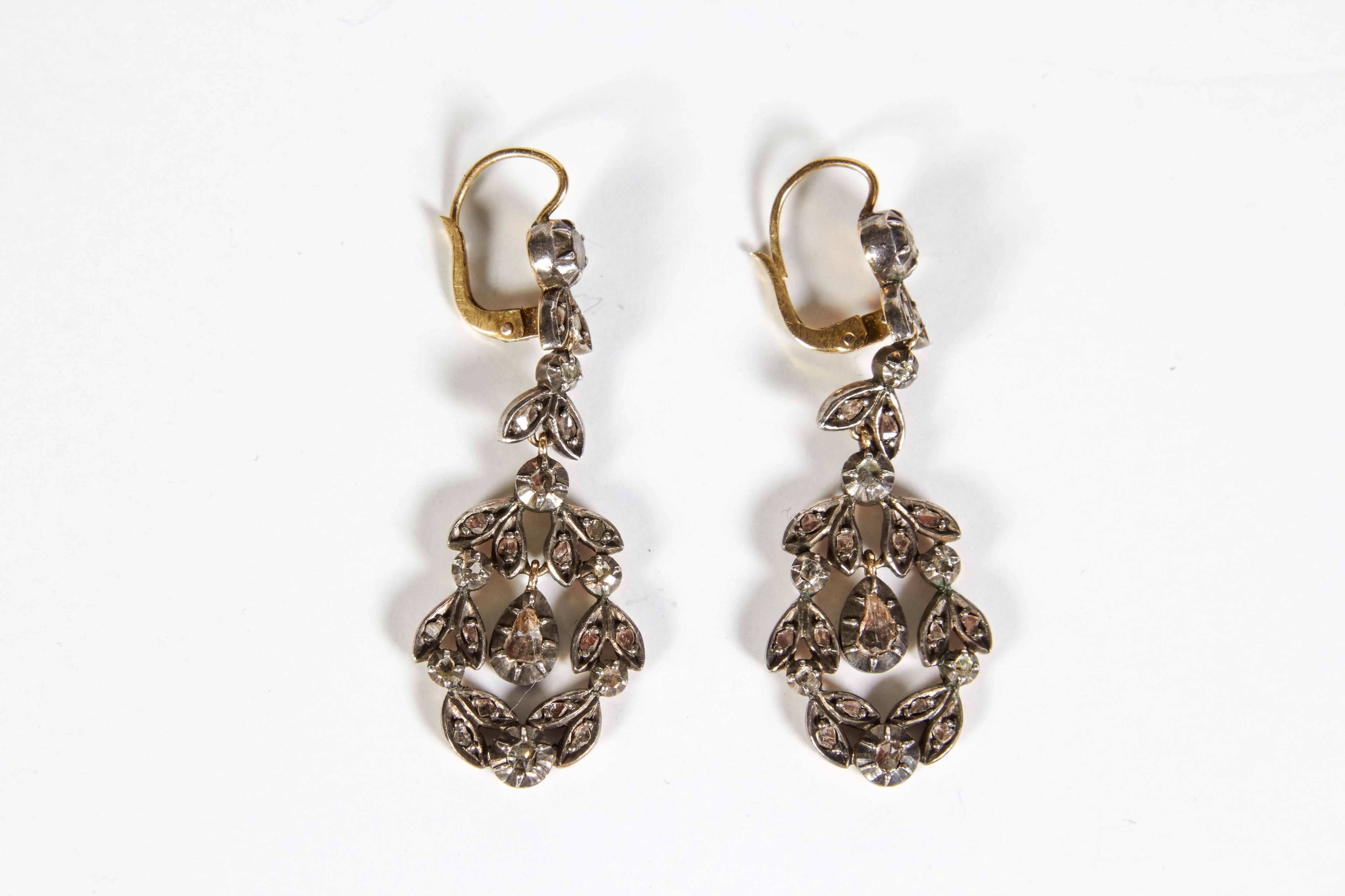 Antique Georgian Rose Cut Diamond Gold and Silver Pendant Earrings 3