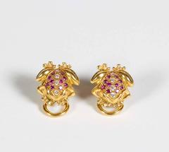 18K Gold, Diamond and Ruby Frog Earrings by Zannetti, Roma