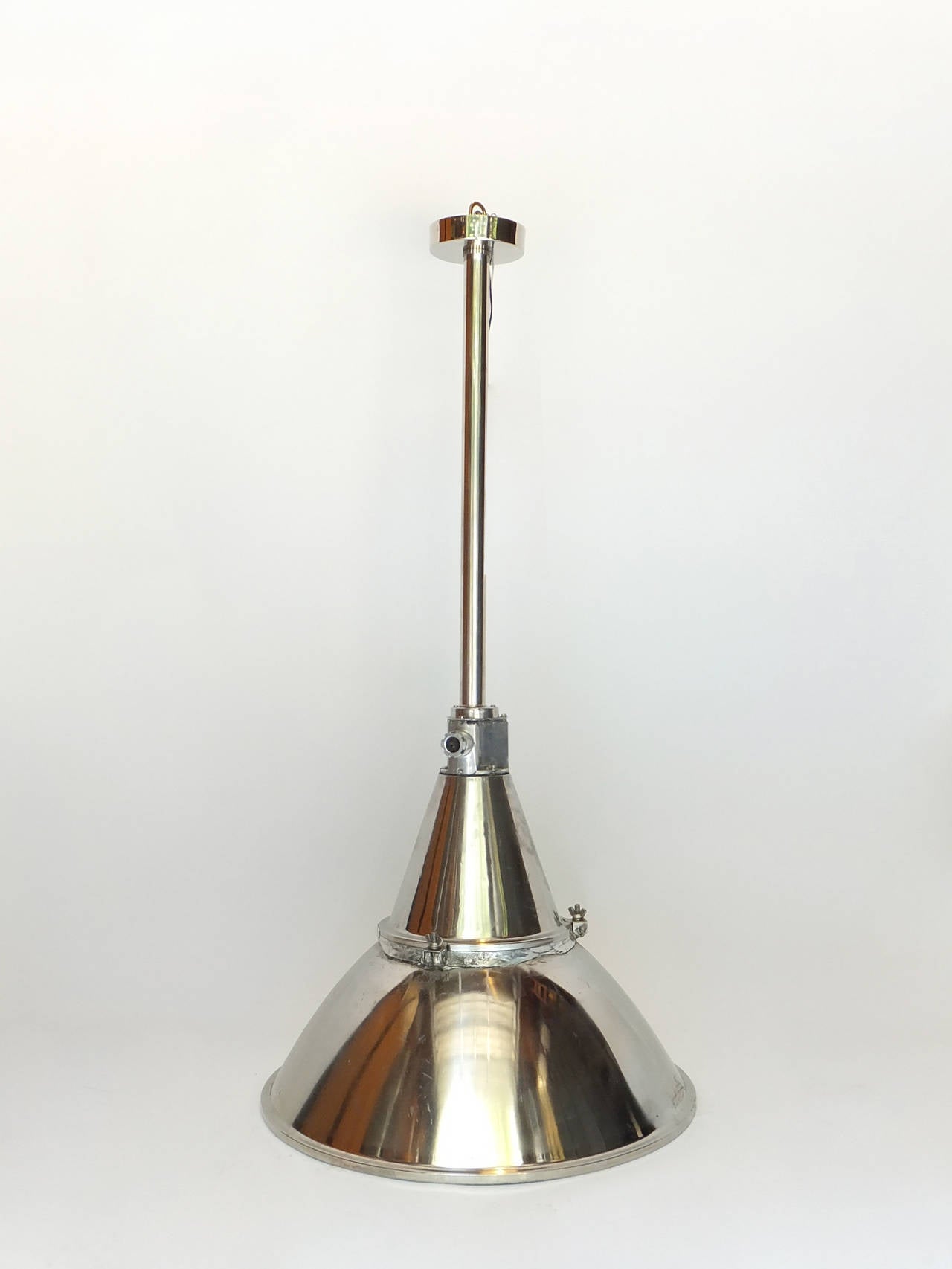 Pair of industrial chrome Ship Lights- poles and canopies are new and poles can be adjusted to suit.