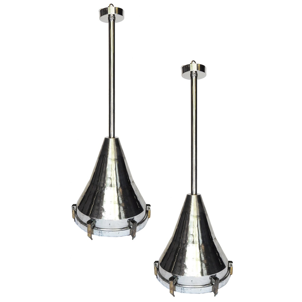 Pair of Large Industrial Chrome Light Fixtures